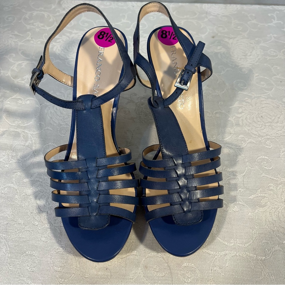 Franco Sarto Sandals Blue Leather Woven Strappy 4” Heels Buckle Closure 8.5👍